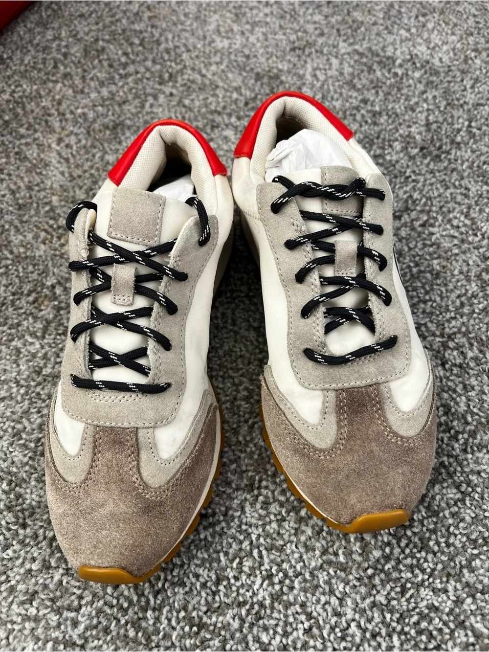 Tory Burch Men's Suede & Mesh Sneakers - White, Taupe & Red - Picture 3 of 8